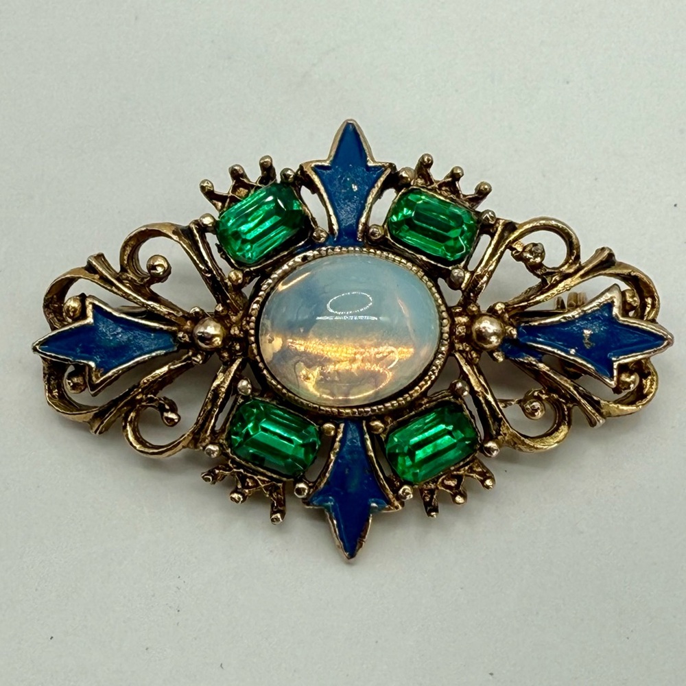 Vintage Green Rhinestone & Blue Enamel Brooch with Opalescent Cabochon – 2”